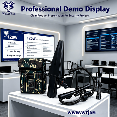 Αγορά 120W Backpack Drone Jammer με 4 ζώνες GPS L1 L2 WiFi 2.4G 5.8G και 1 ώρα μπαταρία για προστασία VIP διαδικτυακή κατασκευή