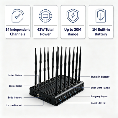 42W Desktop Signal Jammer με 14 ζώνες και Omnidirectional Antenna για 2G 3G 4G 5G WiFi GPS VHF UHF Lojack