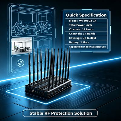 42W 14 ζώνη Desktop signal jammer με Omnidirectional κεραία για ολοκληρωμένο RF μπλοκάρισμα
